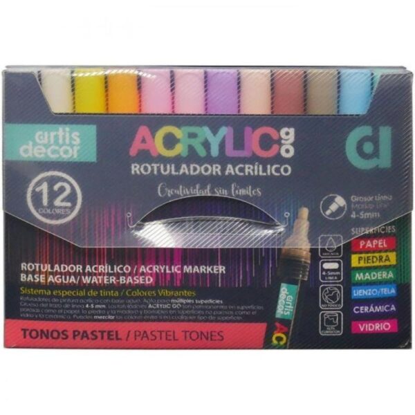 Set de 12 rotuladores acrylic go (4-5mm). Tonos pastel Artis Decor