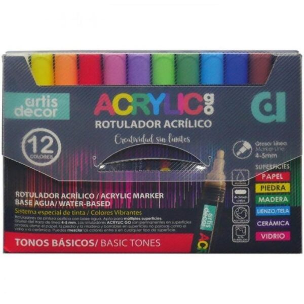 Set 12 rotuladores acrylic go (4-5mm). Tonos básicos Artis Decor