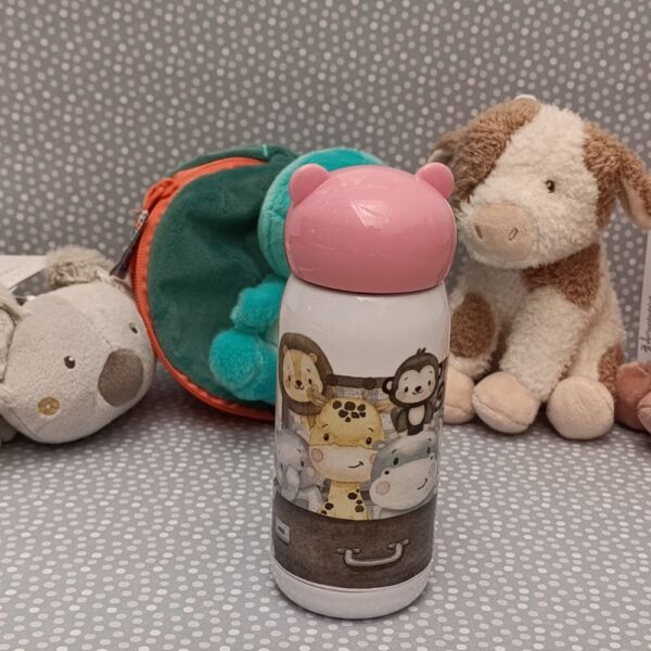 Termo infantil de osito. Amigos viajeros